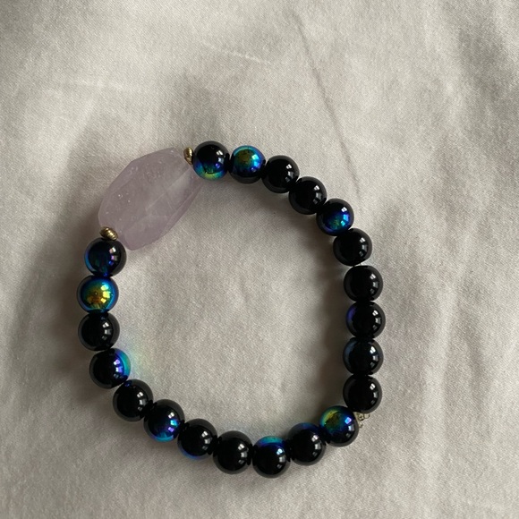 Black and Iridescent Beaded Bracelet Handmade Stretchy Crystal Pink Rose Quartz - Picture 3 of 7